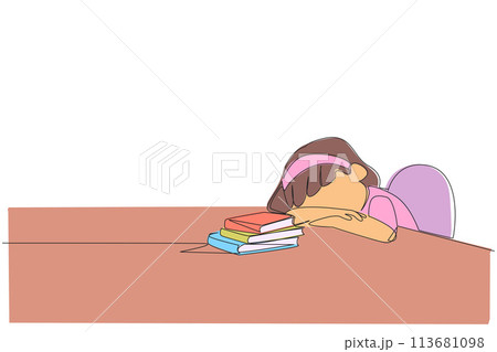Single one line drawing girl asleep at the table where there were piles of books. Tired after successfully finishing the favorite reading book. Love read. Continuous line design graphic illustration Single one line drawing girl asleep at the table where there were piles of books. Tired after successfully finishing the favorite reading book. Love read. Continuous line design graphic illustration 113681098