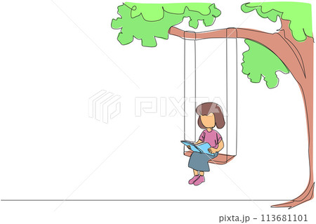 Continuous one line drawing girl sitting on swing under a shady tree reading a book. High enthusiasm for reading. Read anywhere. Reading increases insight. Single line draw design vector illustration Continuous one line drawing girl sitting on swing under a shady tree reading a book. High enthusiasm for reading. Read anywhere. Reading increases insight. Single line draw design vector illustration 113681101