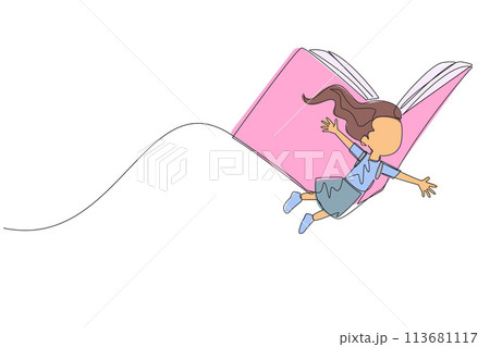 Single one line drawing the brave girl flying with wings that come from an open big book. Metaphor carried away with the storyline. Constructive fantasy. Continuous line design graphic illustration Single one line drawing the brave girl flying with wings that come from an open big book. Metaphor carried away with the storyline. Constructive fantasy. Continuous line design graphic illustration 113681117