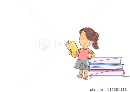 Continuous one line drawing girl standing reading a book while leaning against a pile of large books. Hobby of reading anywhere. Very happy when reading. Single line draw design vector illustration 113681118