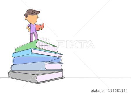 Single one line drawing boy standing on pile of books reading a fiction story book. Intrigued by the book series. Read anywhere to finish reading. Reading. Continuous line design graphic illustration Single one line drawing boy standing on pile of books reading a fiction story book. Intrigued by the book series. Read anywhere to finish reading. Reading. Continuous line design graphic illustration 113681124