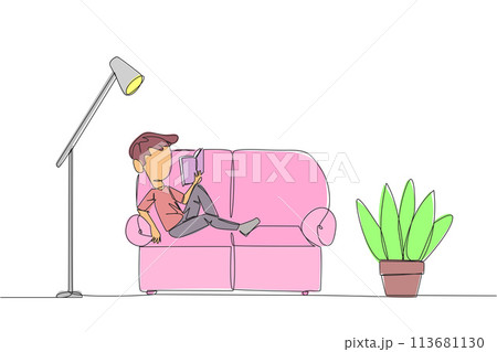 Continuous one line drawing boy sitting stretched out on the sofa reading a book. Really like the content of the book reading on each page. Impressive. Single line draw design vector illustration Continuous one line drawing boy sitting stretched out on the sofa reading a book. Really like the content of the book reading on each page. Impressive. Single line draw design vector illustration 113681130