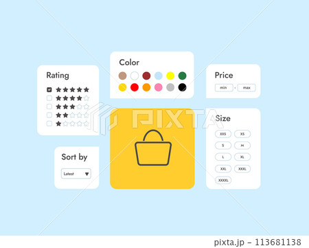 Ecommerce Product Filters - help customers sort offerings by attributes, easing search and boosting sales. Price, rating, color, sizes and other thematic filters in marketplaces and online shops Ecommerce Product Filters - help customers sort offerings by attributes, easing search and boosting sales. Price, rating, color, sizes and other thematic filters in marketplaces and online shops 113681138