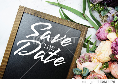 Save the Date text message and eucalyptus leaves decoration on marble background 113681176