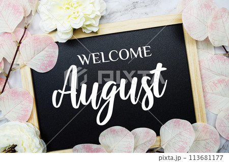 Welcome August text message with eucalyptus leaf decoration on marble background 113681177