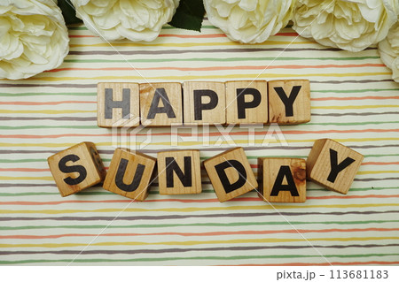 Happy Sunday alphabet letters on colorful stripes background 113681183