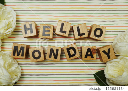 Hello Monday alphabet letters on colorful stripes background 113681184