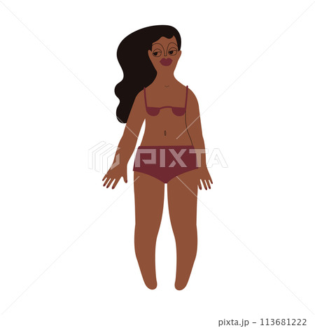 Flat Latino woman in underwear. Brown skin person with black hair in cartoon style for multinational and diversity designs. Vector illustration. Flat Latino woman in underwear. Brown skin person with black hair in cartoon style for multinational and diversity designs. Vector illustration. 113681222