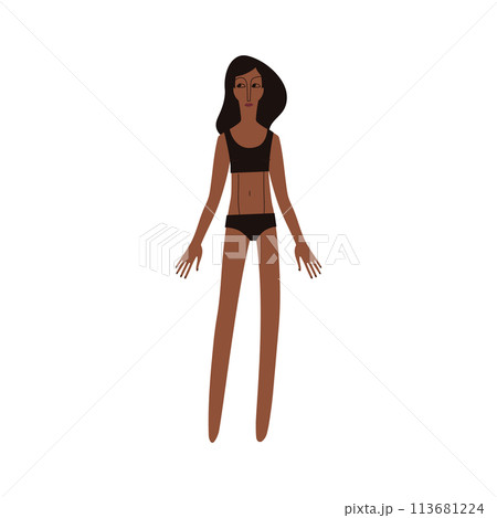 Flat Latino woman in underwear. Brown skin person with black hair in cartoon style for multinational and diversity designs. Vector illustration. 113681224