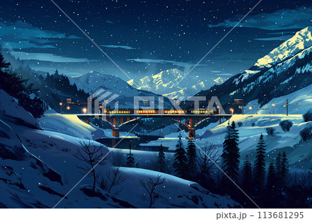 陸橋を走る電車の風景（冬） 113681295