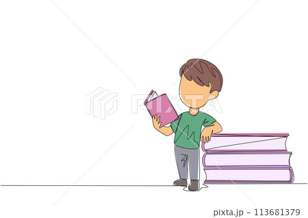 Continuous one line drawing boy standing reading a book while leaning against a pile of large books. Hobby of reading anywhere. Very happy when reading. Single line draw design vector illustration 113681379