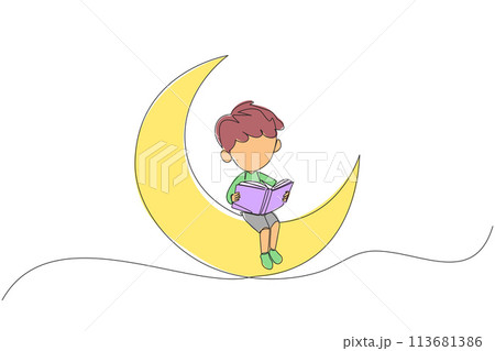 Continuous one line drawing boy sitting on crescent moon reading a book. Metaphor of reading a fairy story before sleeping. Read until late. Love reading. Single line draw design vector illustration Continuous one line drawing boy sitting on crescent moon reading a book. Metaphor of reading a fairy story before sleeping. Read until late. Love reading. Single line draw design vector illustration 113681386