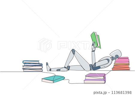 Single one line drawing smart robot lying down reading a book. Lots of books scattered around. Hobby reading. Technology book festival concept. Future AI. Continuous line design graphic illustration Single one line drawing smart robot lying down reading a book. Lots of books scattered around. Hobby reading. Technology book festival concept. Future AI. Continuous line design graphic illustration 113681398