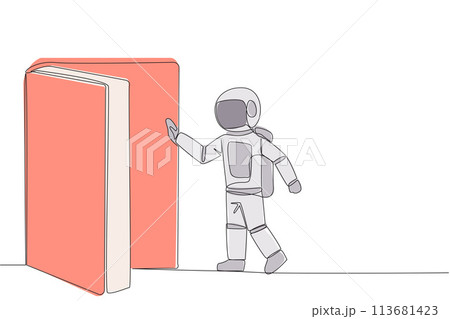 Single one line drawing astronaut open the book-shaped door. Book can open mind and see everywhere. Increase knowledge about the wider world. Book festival. Continuous line design graphic illustration Single one line drawing astronaut open the book-shaped door. Book can open mind and see everywhere. Increase knowledge about the wider world. Book festival. Continuous line design graphic illustration 113681423