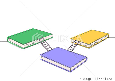 Single continuous line drawing three large books connected by stairs. Expo exhibition stage. Booth for exhibiting books. Book festival at outer space. Galaxy stage. One line design vector illustration Single continuous line drawing three large books connected by stairs. Expo exhibition stage. Booth for exhibiting books. Book festival at outer space. Galaxy stage. One line design vector illustration 113681428