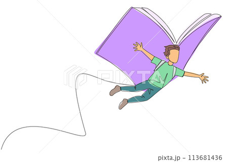 Single continuous line drawing brave man flying with wings that come from an open big book. The metaphor carried away with the storyline. Constructive fantasy. One line design vector illustration 113681436