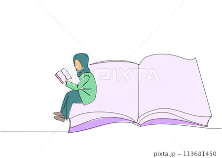 Single one line drawing Arabian woman sitting on the edge of a large open book. Study before exam time arrives. Read textbooks with focus. Reading is fun. Continuous line design graphic illustration Single one line drawing Arabian woman sitting on the edge of a large open book. Study before exam time arrives. Read textbooks with focus. Reading is fun. Continuous line design graphic illustration 113681450