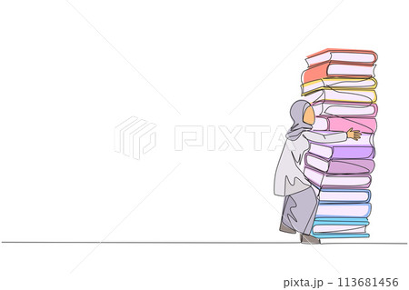 Continuous one line drawing Arab woman hugging very high pile of books. Hobby to collecting and reading books. Filling free time with useful things. Read. Single line draw design vector illustration 113681456