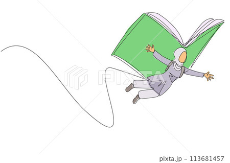 Continuous one line drawing Arab woman flying with wings that come from open big book. The metaphor carried away with the storyline. Constructive fantasy. Single line draw design vector illustration 113681457