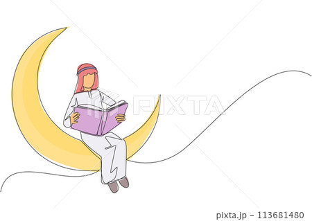 Single one line drawing Arab man sitting on crescent moon reading a book. Metaphor of reading a fairy story before sleeping. Read until late. Love reading. Continuous line design graphic illustration 113681480