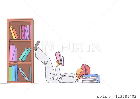 Continuous one line drawing Arab man lying on back reading fiction story book near bookcase. Read slowly to enjoy the storyline. Hobby reading. Very good habit. Single line design vector illustration 113681482