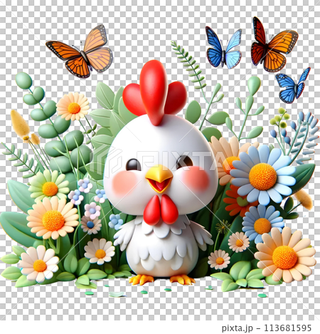3D baby rooster with flowers 3D baby rooster with flowers 113681595