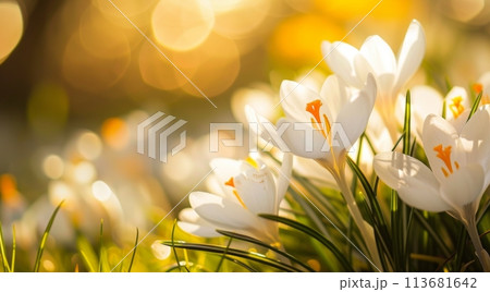 Gentle white crocuses bloom in a sunlit field, heralding spring's arrival amidst a warm golden glow, symbolizing new beginnings and nature's rebirth 113681642