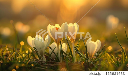 Gentle white crocuses bloom in a sunlit field, heralding spring's arrival amidst a warm golden glow, symbolizing new beginnings and nature's rebirth Gentle white crocuses bloom in a sunlit field, heralding spring's arrival amidst a warm golden glow, symbolizing new beginnings and nature's rebirth 113681688