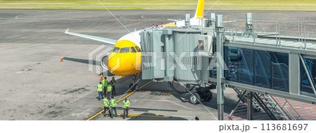 Preparation of a passenger aircraft by ground services at the airport. 113681697