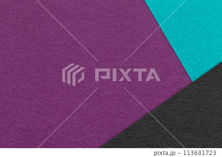 Texture of craft dark violet paper background with turquoise and black border. Vintage abstract purple cardboard. 113681723