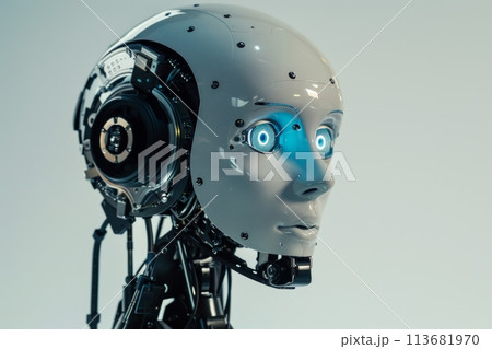 Close-up of a sophisticated robot's head with a human-like face and a blue illuminated eye, showcasing intricate artificial intelligence design 113681970