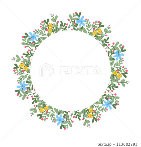 Floral round template with flat abstract plants. Spring concept on white background. Flat hand drawn colored items. Trendy print design for textile, wallpaper, interior, wrapping 113682293