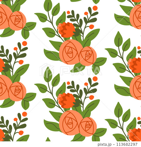Seamless pattern with flat abstract rose bunch. Summer concept. Isolated items on white background. Trendy folk print design for textile, wallpaper, interior, wrapping 113682297