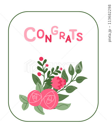 Greeting card with abstract composition of flowers. Text Congrats. Flat colored composition isolated on white background. Holiday concept. Unique print design for printout, poster, interior 113682298