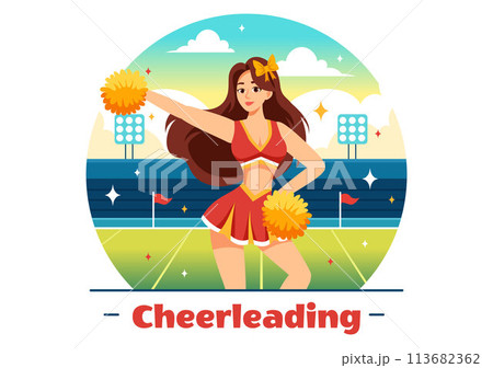 Cheerleader Girl Vector Illustration with Cheerleading Pom Poms of Dancing and Jumping to Support Team Sport During Competition on Flat Background 113682362