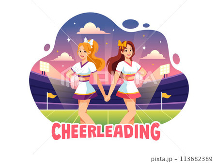 Cheerleader Girl Vector Illustration with Cheerleading Pom Poms of Dancing and Jumping to Support Team Sport During Competition on Flat Background 113682389