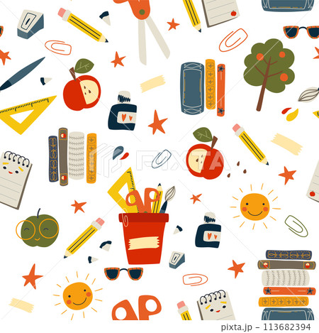 Stationery seamless pattern. Vector various school supplies on a white background. Back to school wallpaper. 113682394