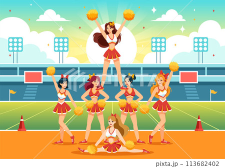 Cheerleader Girl Vector Illustration with Cheerleading Pom Poms of Dancing and Jumping to Support Team Sport During Competition on Flat Background 113682402