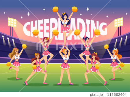Cheerleader Girl Vector Illustration with Cheerleading Pom Poms of Dancing and Jumping to Support Team Sport During Competition on Flat Background 113682404