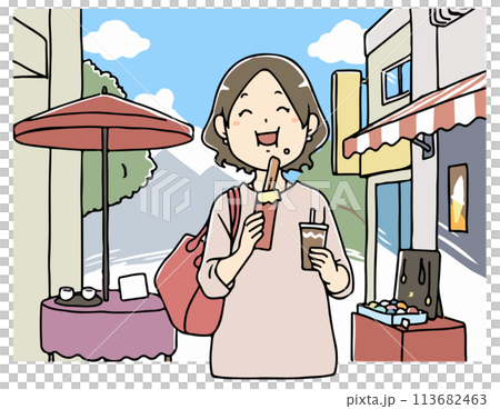 食べ歩きをする女性背景付 113682463