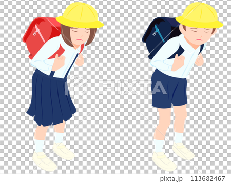 Depressed elementary school boys and girls carrying school bags Depressed elementary school boys and girls carrying school bags 113682467