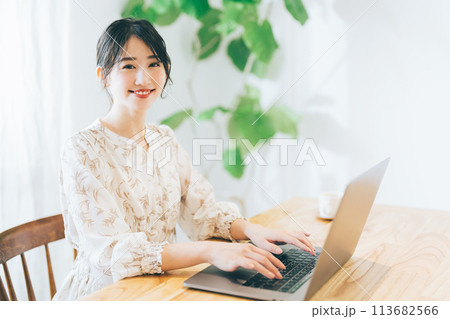 自宅でパソコンを使う女性 113682566