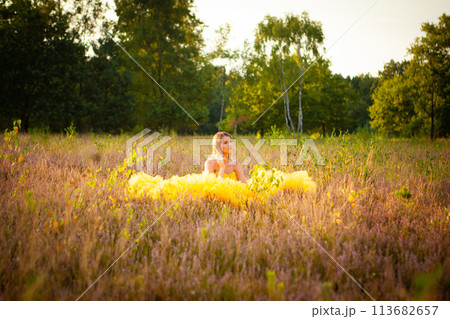 Woman in a Dreamy Yellow Dress Amidst a Sunlit Field 113682657