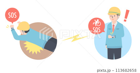 ウェアラブル機器が現場作業員の転倒を検知して周りの人に知らせているところ 113682658