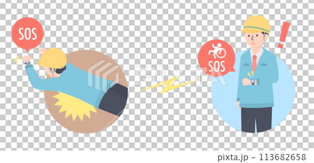 ウェアラブル機器が現場作業員の転倒を検知して周りの人に知らせているところ 113682658