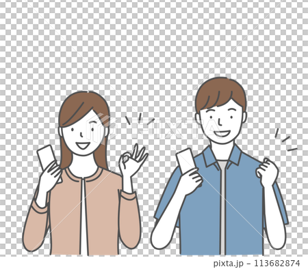 スマートフォンを持つ笑顔の若い男性と女性 113682874