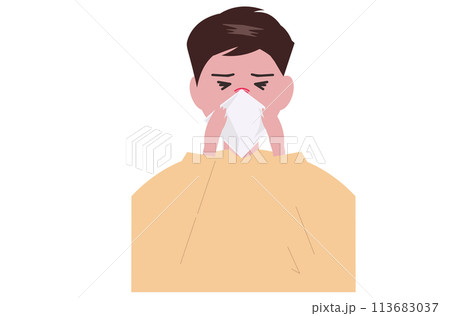 風邪をひいて鼻をかむ男性。ベクターイラスト 113683037