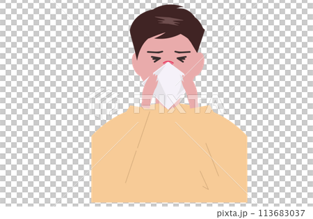 風邪をひいて鼻をかむ男性。ベクターイラスト 113683037