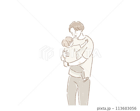 親子、小さい子供を抱っこする若い男性（父親） 113683056