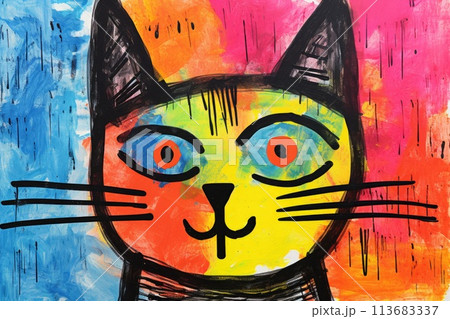 childlike colorful drawing of cat illustration 113683337